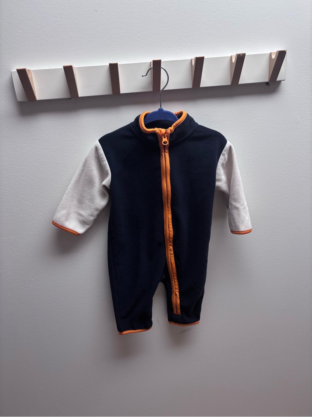 (5 for $20) Cozy Fleece Black & White Fleece One-Piece with Orange Trim